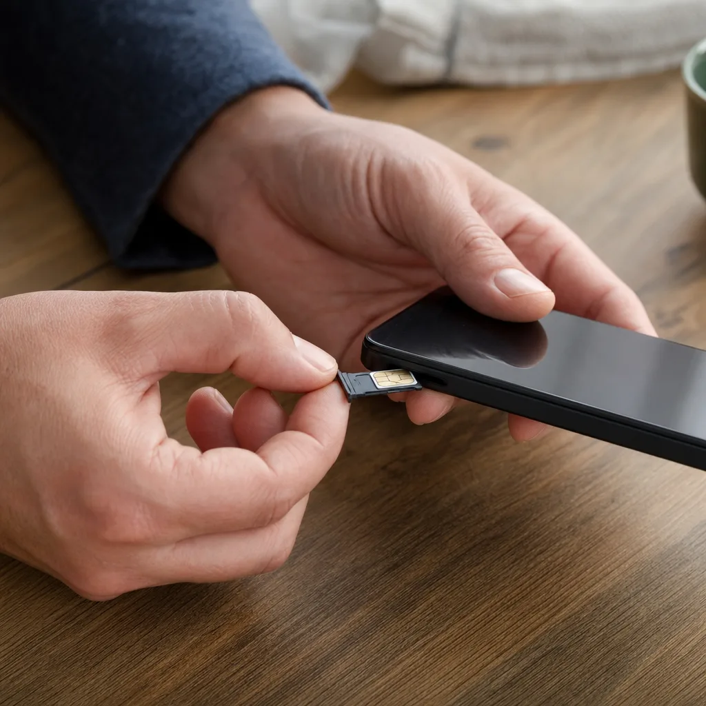 Person sätter i ett nytt SIM-kort i en mobiltelefon