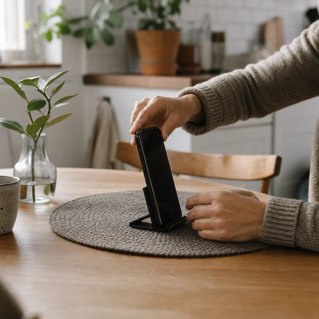 Förälder och barn tittar tillsammans på en mobiltelefon vid köksbordet