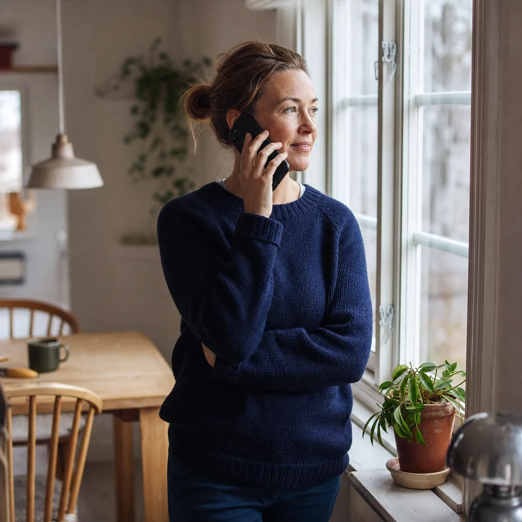 Person som pratar i mobiltelefon vid ett fönster