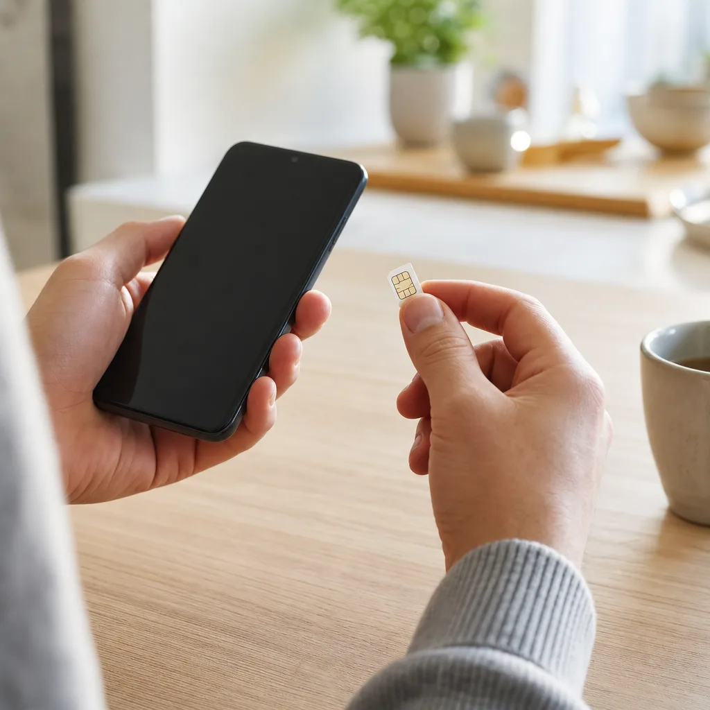 Hand som håller en mobiltelefon och ett simkort vid ett köksbord