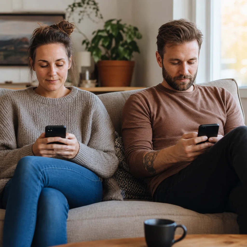 Familj som delar surf mellan mobil, surfplatta och smartwatch via familjeabonnemang och extra-SIM
