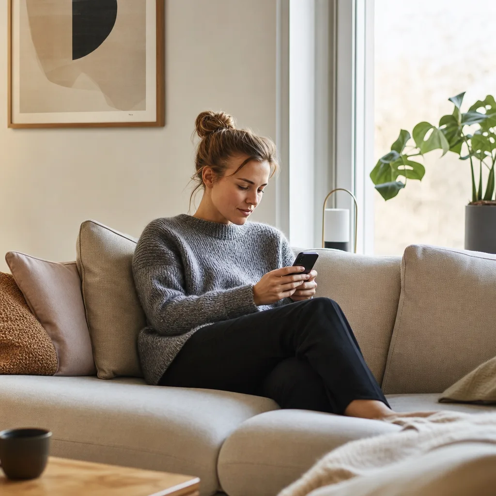 Person i soffa som använder sin mobiltelefon