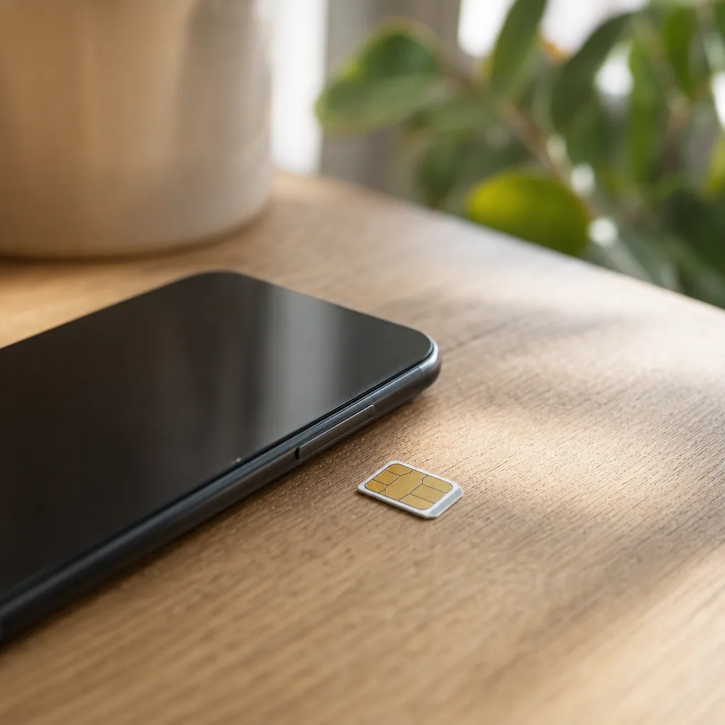 Ett fysiskt simkort bredvid en mobil med ett digitalt eSIM som aktiveras