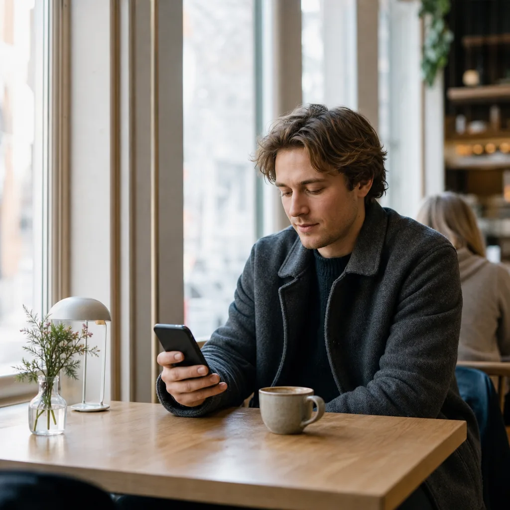 Person som använder mobiltelefon på ett café