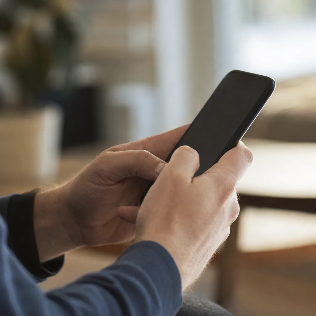 Hand som knappar in PIN-kod på en mobiltelefon med isatt SIM-kort