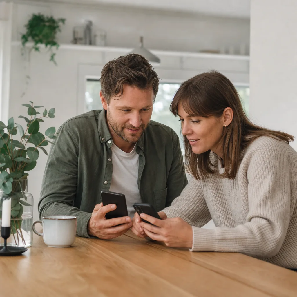 Två personer som jämför mobiltelefoner vid ett bord