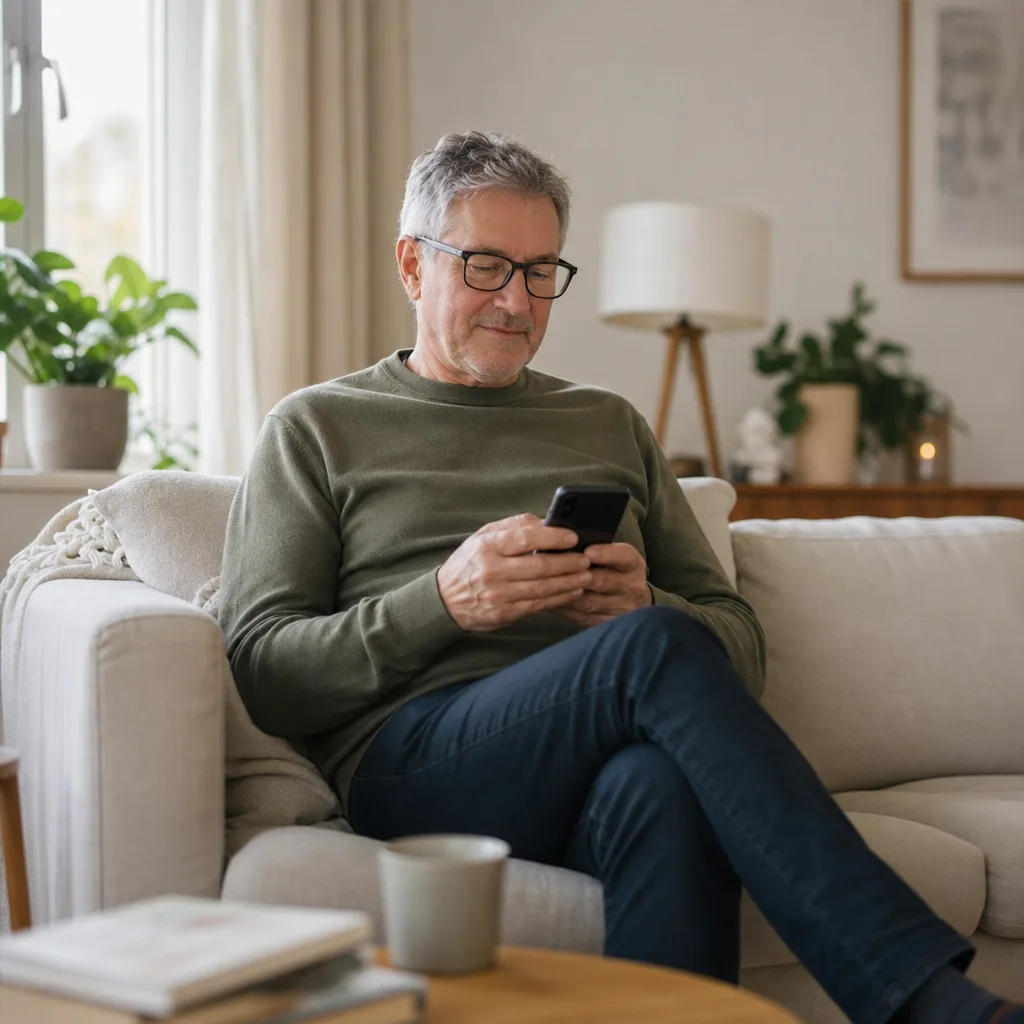 Äldre person som håller en mobiltelefon och tittar på skärmen