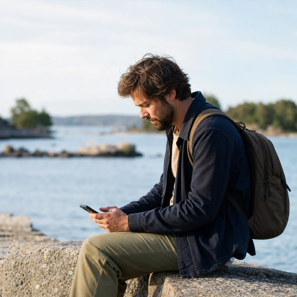 Resenär med ryggsäck som använder mobiltelefon utomlands