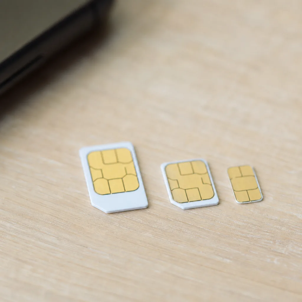 Standard-SIM, micro-SIM och nano-SIM bredvid varandra som visar skillnaden i storlek