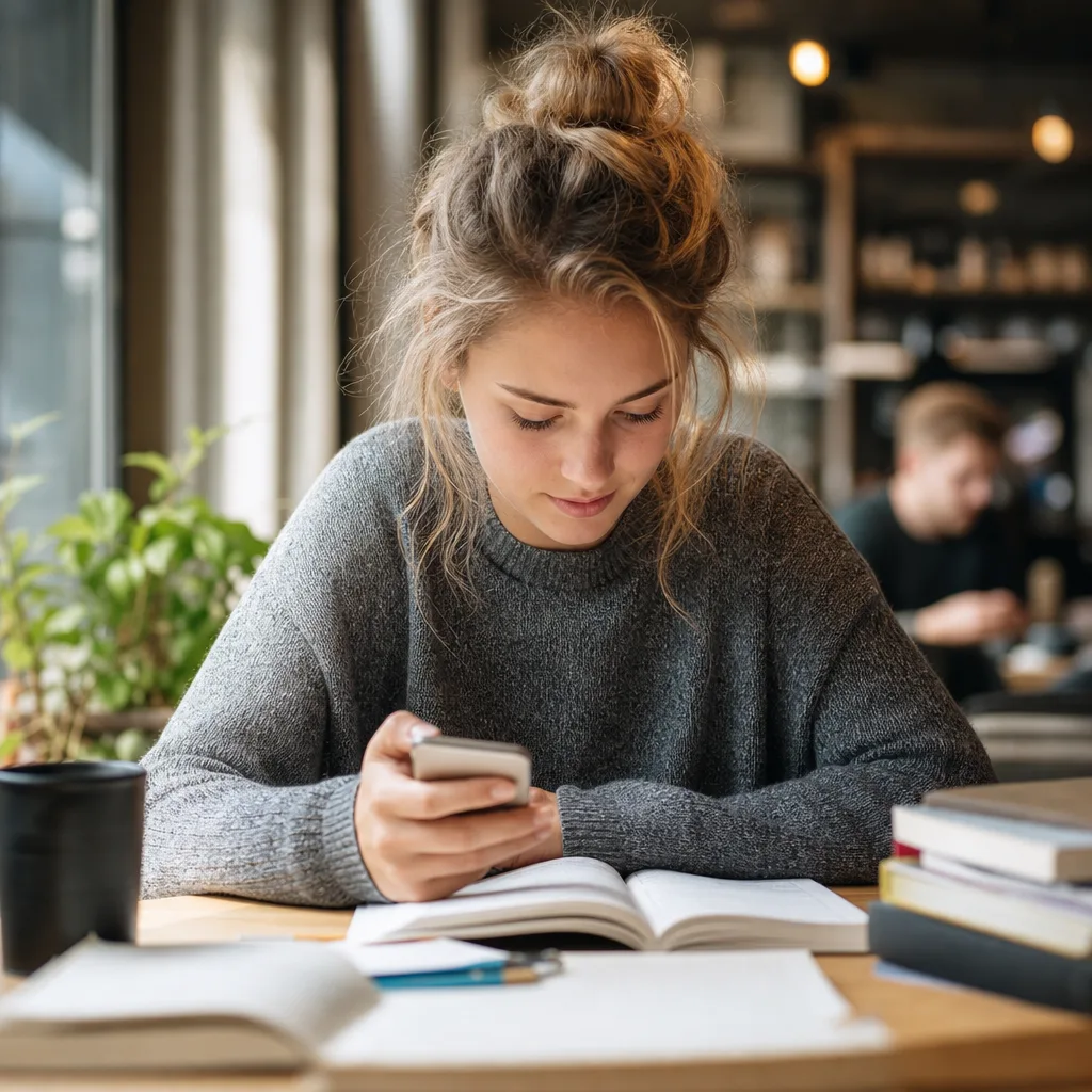 Student som jämför mobilabonnemang på telefonen med laptop och böcker bredvid