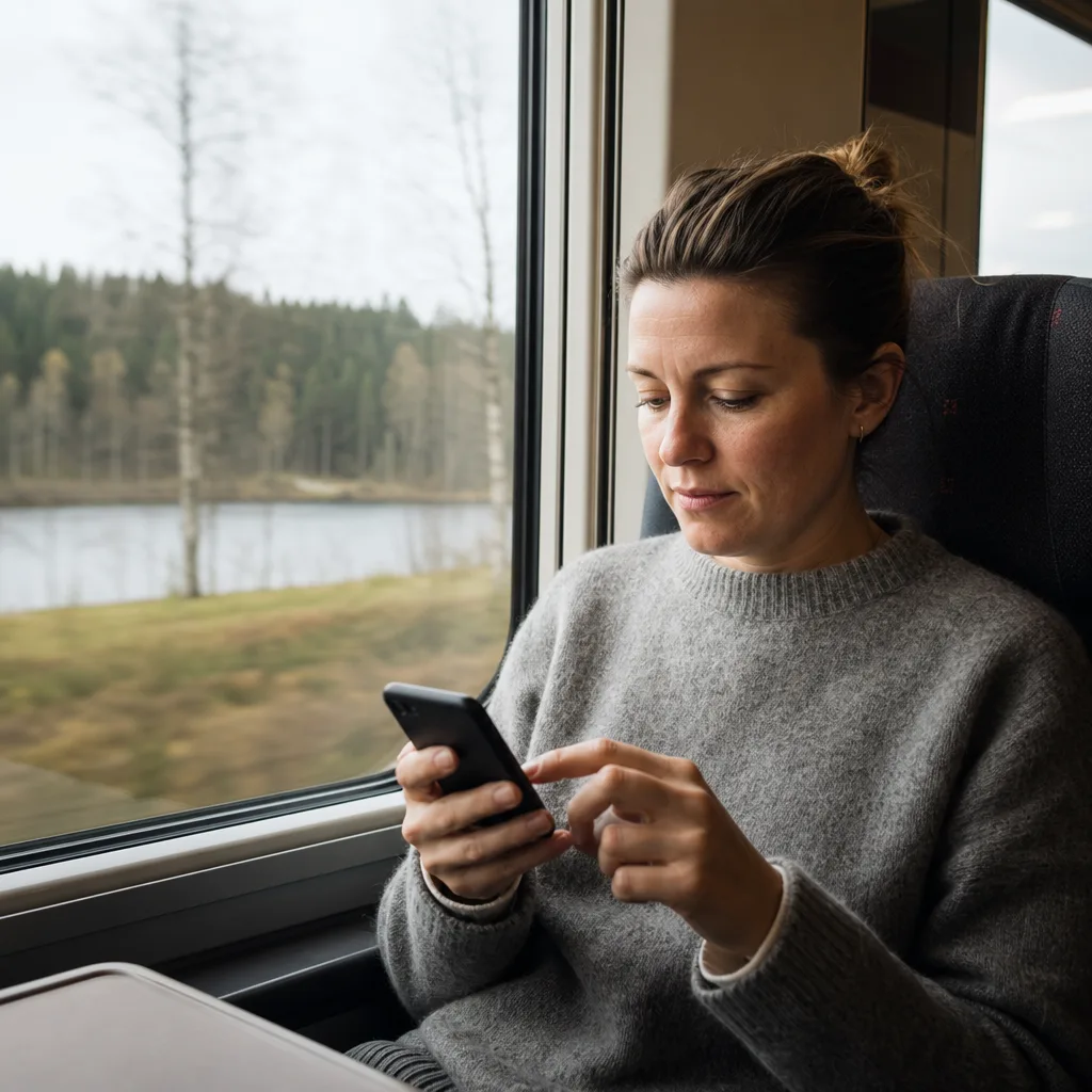 Person som håller i en mobiltelefon och tittar på sitt abonnemang