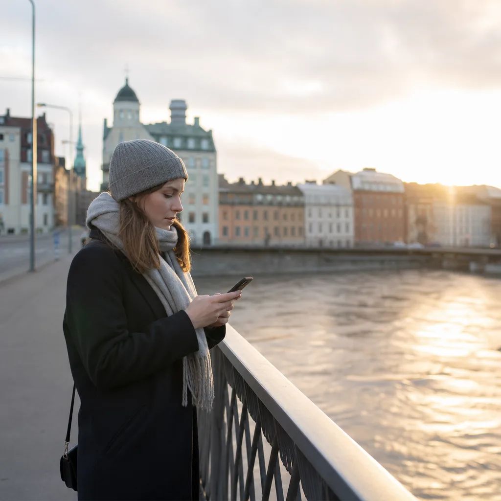Person som jämför Telenors mobilabonnemang och simkort i mobilen