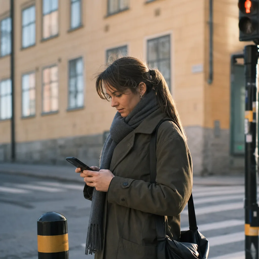 Mobiltelefon med simkort framför Tres mobilnät i en svensk stadsmiljö